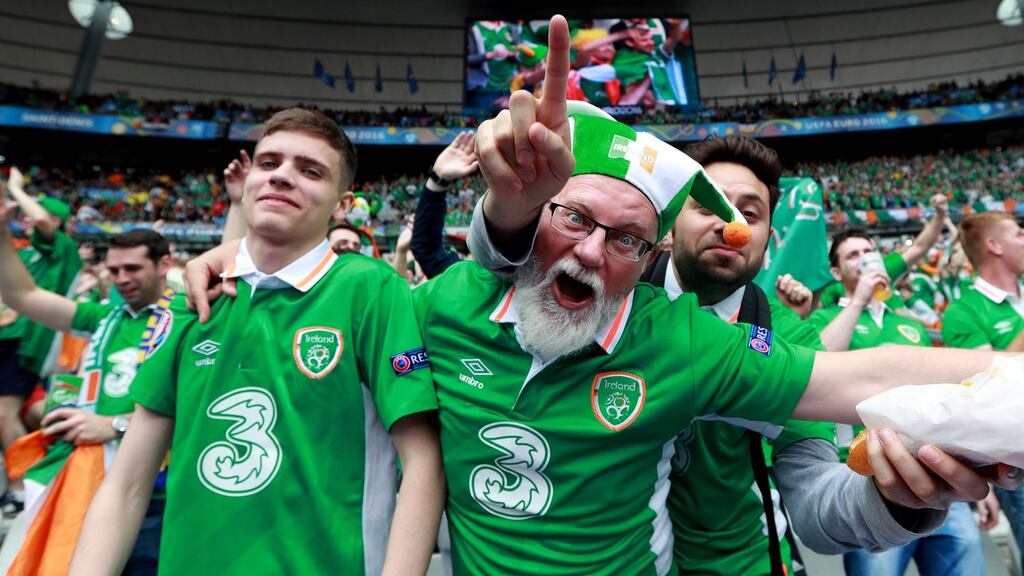 A group of Republic of Ireland fans at Stade de France in Paris for the Euro 2016 game against Sweden. Photograph: James Crombie/Inpho