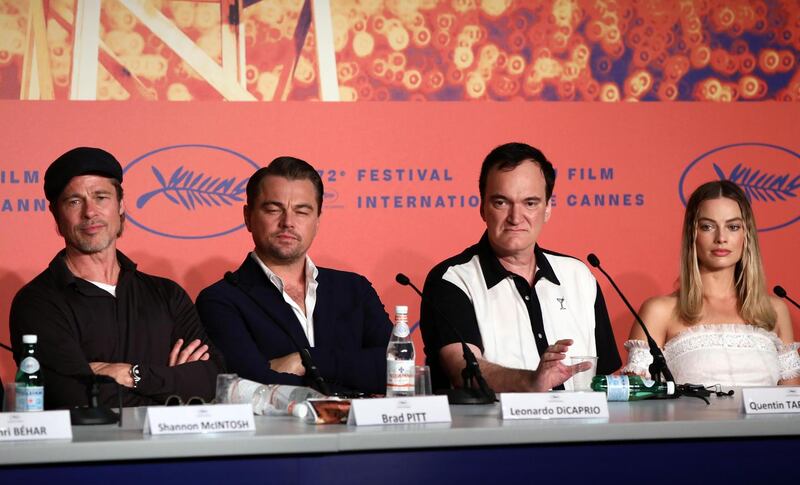 ‘I reject your hypothesis’: Quentin Tarantino and Margot Robbie with Brad Pitt and Leonardo DiCaprio. Photograph: John Phillips/Getty