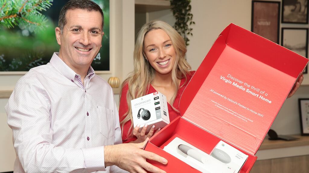 Paul Farrell and Karen Faughnan of Virgin Media Ireland with one of the new Google smart home packages