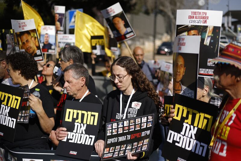 Relatives and supporters of Israeli hostages held captive in the Gaza Strip since the October 2023 Hamas-led attack protest outside the Israeli parliament on Tuesday. They accused prime minister Binyamin Netanyahu of sacrificing their loved ones by ordering new strikes on Gaza. Photograph: John Wessels/AFP via Getty Images