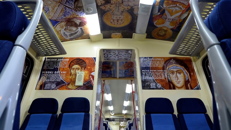 The Serbian train is decorated with images of Serbian Orthodox religious icons from famous monasteries in Kosovo. Photograph: Str Serbia Out/EPA