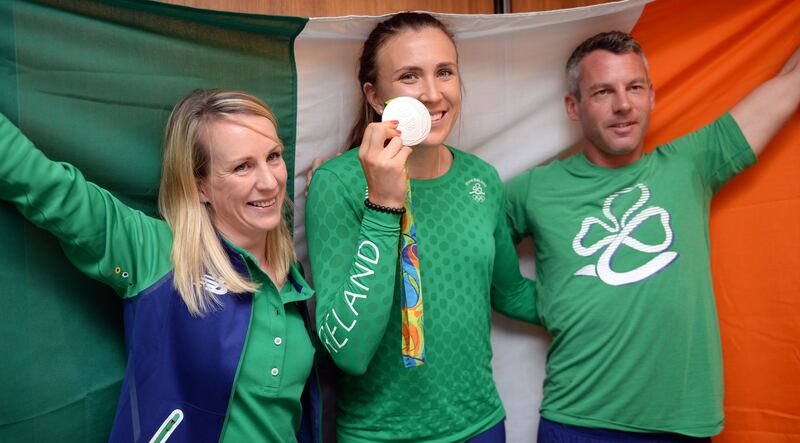 Dr Kate Kirby, sports psychologist (left), with Annalise Murphy, Olympic silver medal winner, and her coach Rory Fitzpatrick, on her return to Dublin from the Rio Olympics in August 2016. Photograph: Eric Luke