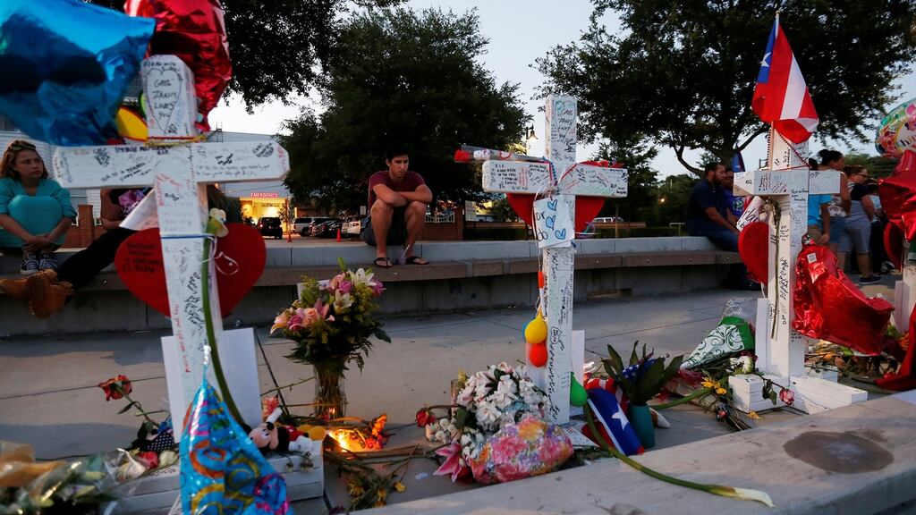 A row of crosses that make up part of a makeshift memorial for the victims of the Pulse night club shootings in Orlando, Florida. Photograph: Reuters/Carlo Allegri