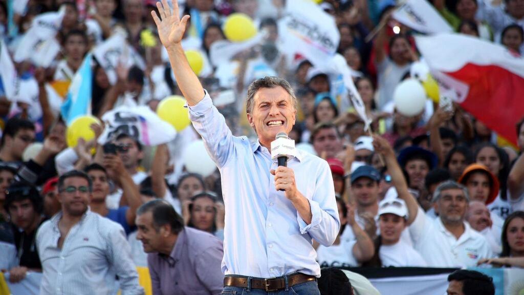 Opposition leader Mauricio Macri during his closing campaign rally in Hamahuaca. He is expected to become the first right-wing politician to be elected Argentina’s president. Photograph: Frente Cambiemos/EPA