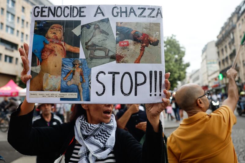 A demonstrator participates in a solidarity rally for Gaza in Paris on Thursday. Photograph: Mohammed Badra/EPA
