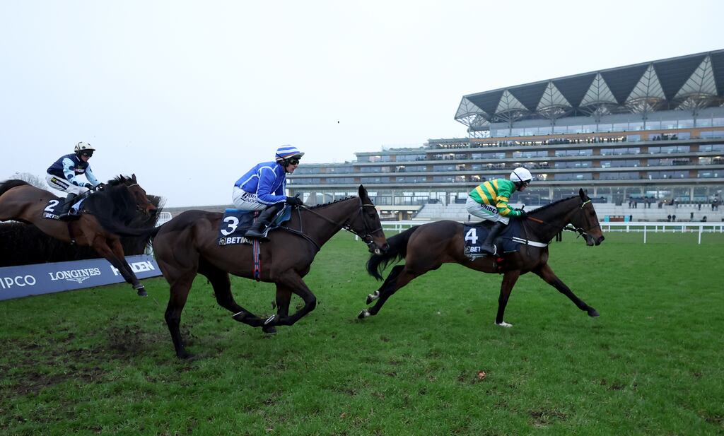 Jonbon (right) pressing on to win the Clarence House Chase on Saturday has now tightened as favourite for the Queen Mother Champion Chase at the Cheltenham festival. Photograph: Steven Paston/PA Wire.