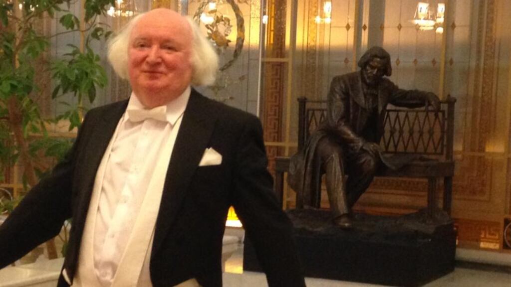 Irish concert pianist Miceal O’Rourke. A statue of the Russian composer Glinka stands in the background. Photograph: Anne-Elisabeth Credeville