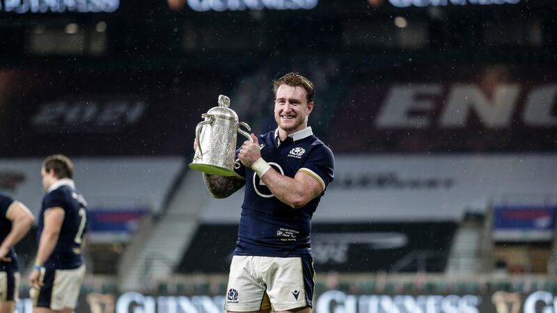 Stuart Hogg celebrates with thr Calcutta Cup. Photograph: Laszlo Geczo/Inpho