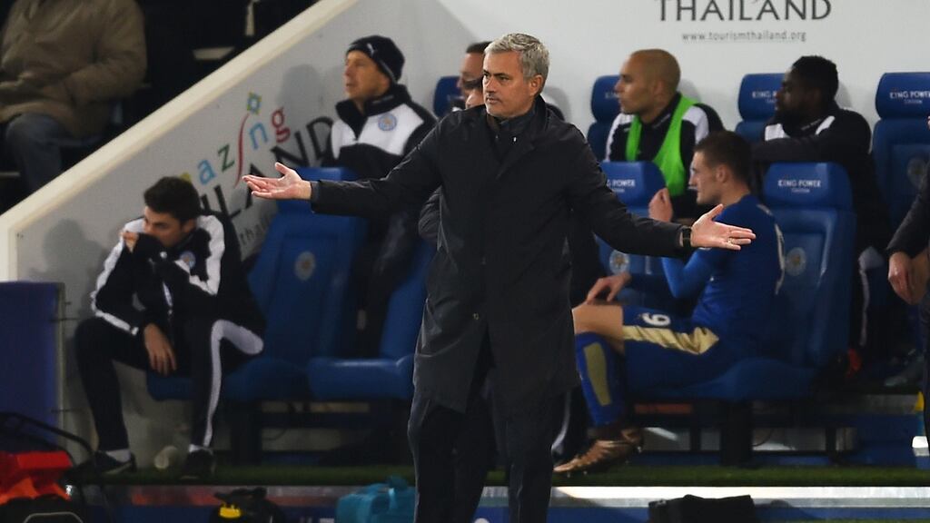 Jose Mourinho on the touchline at the King Power Stadium as Leicester beat Chelsea 2-1. Photograph: Laurence Griffiths/Getty Images