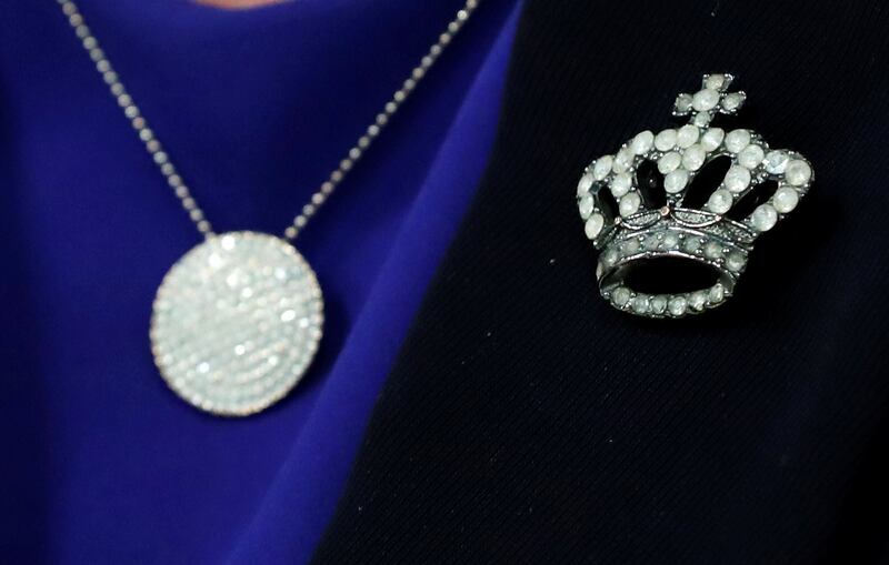 Arlene Foster's choice of accessories are seen as she holds a news conference at the European Parliament after a meeting with the EU's Brexit negotiator Michel Barnier in Brussels on October 9th, 2018 Photograph: Yves Herman/Reuters