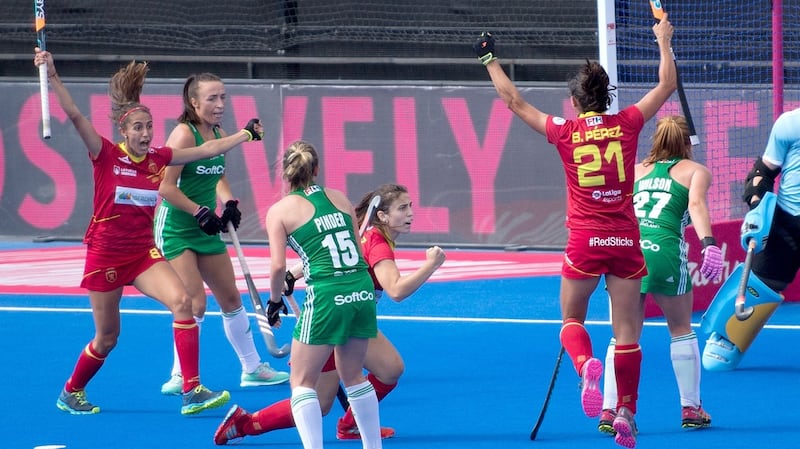 Spain’s Alicia Magaz celebrates scoring her side’s equaliser against Ireland. Photograph: Sandra Mailer/Inpho