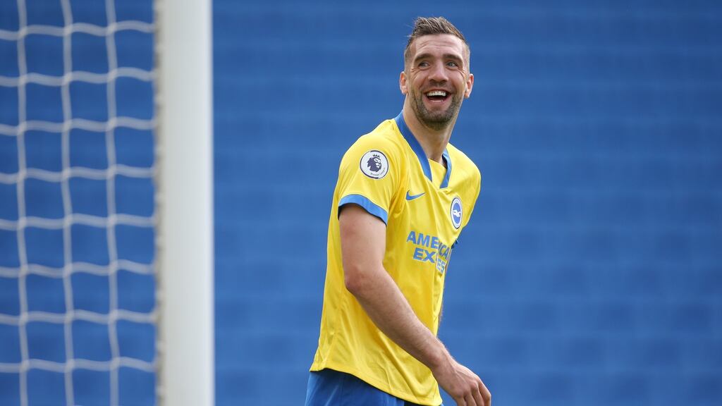 Shane Duffy shares a joke with the fans during the Brighton’s pre-season friendly against Chelsea at the Amex Stadium. Photograph: Steve Bardens/Getty Images