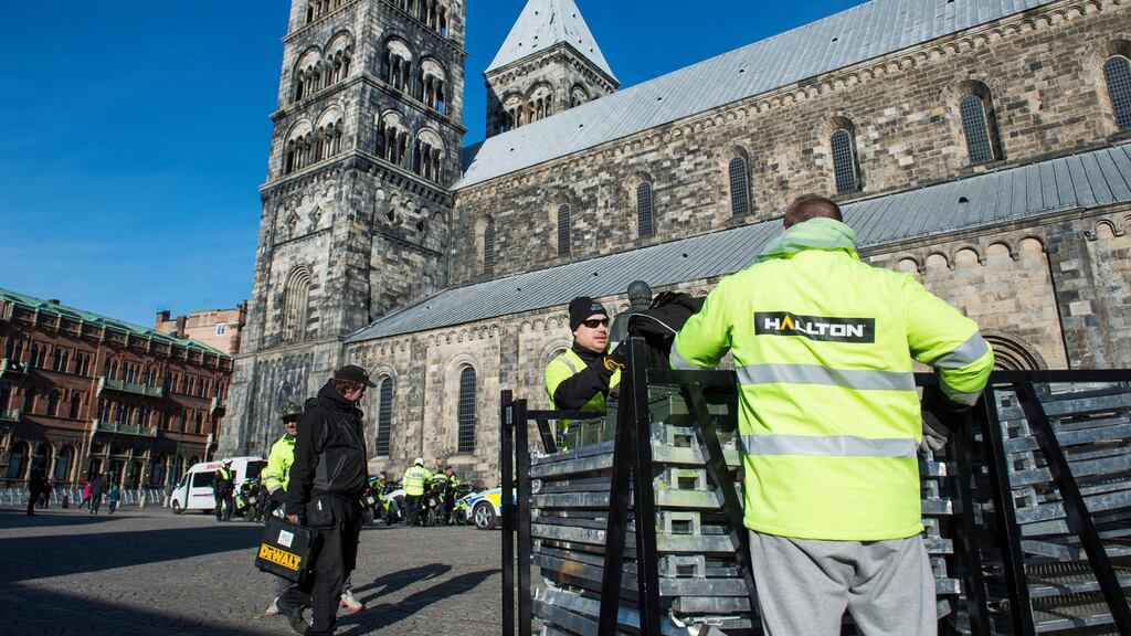 Security preparations outside Lund Cathedral ahead of the pope’s visit. Photograph: Emil Langvad/EPA
