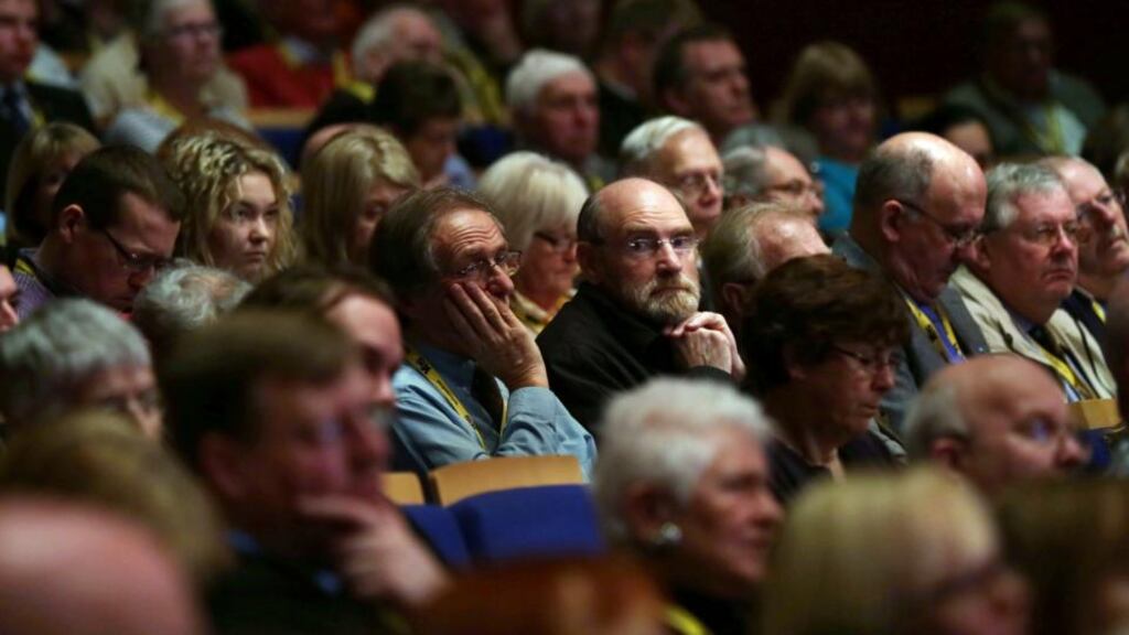 The audience at Perth Concert Hall as Scottish finance secretary John Swinney makes his keynote address to the Scottish National Party annual conference. Photograph: David Cheskin/PA.