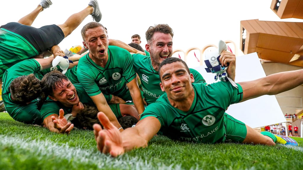 Ireland’s Greg O’Shea, Hugo Lennox, Jack Kelly and Jordan Conroy celebrate qualifying for Tokyo 2020 at the World Rugby Sevens Repechage in Monaco on Sunday. Photograph: Manuel Blondeau/Inpho
