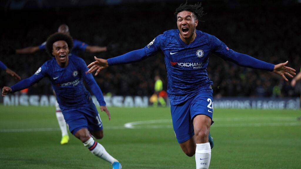 Reece James celebrates after scoring Chelsea’s equaliser against Ajax. Photograph: Ian Walton/AP