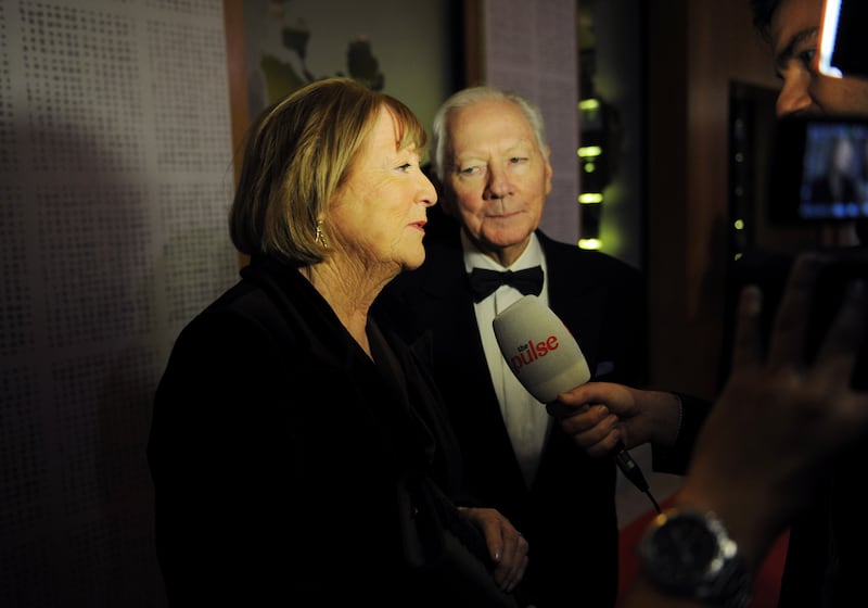 Kathleen Watkins, with husband Gay Byrne, excepts
her award as Specsavers Childrens Book of The Year (Junior) winner for Pigin of Howth at the Irish Book Awards in November 2016. Photograph: Aidan Crawley