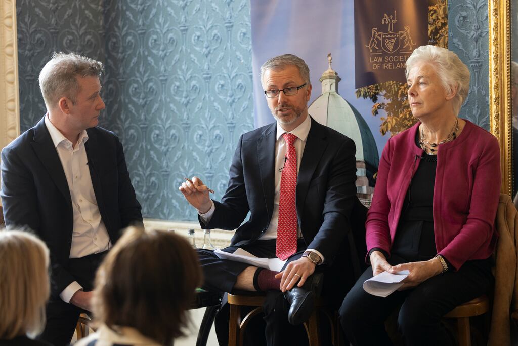 Director General of the Law Society, Mark Garrett with Minister Roderic O’Gorman and Catherine Day, former Secretary General of the European Commission and Chair of the Citizens’ Assembly on Gender Equality. Photograph: Jason Clarke