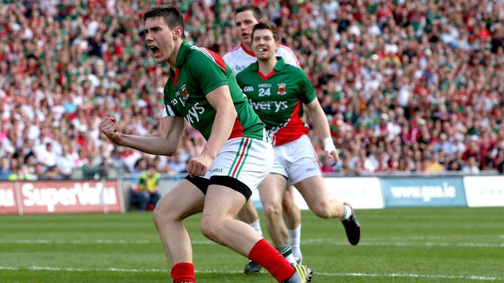 Alan Freeman celebrates scoring Mayo’s goal from a penalty in the All-Ireland SFC semi-final at Croke Park. Photograph: Ryan Byrne/Inpho