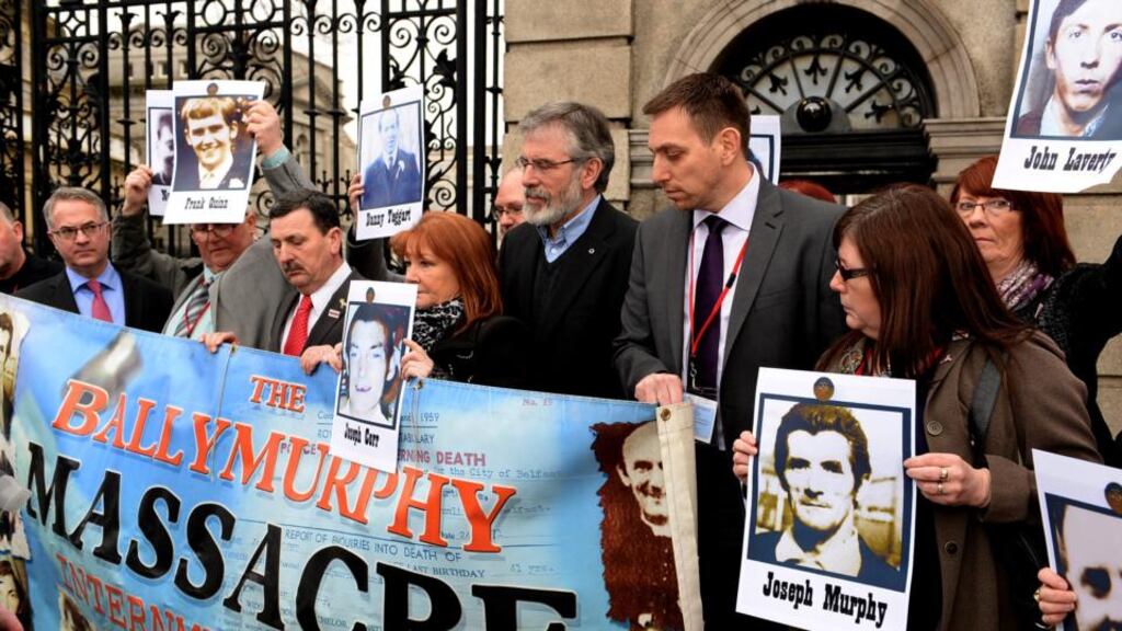 Gerry Adams with solicitor Pádraig Ó Muirigh and relatives of the Ballymurphy killings in 1971 following their meeting with the Taoiseach at Leinster House yesterday. Photograph: Cyril Byrne /The Irish Times