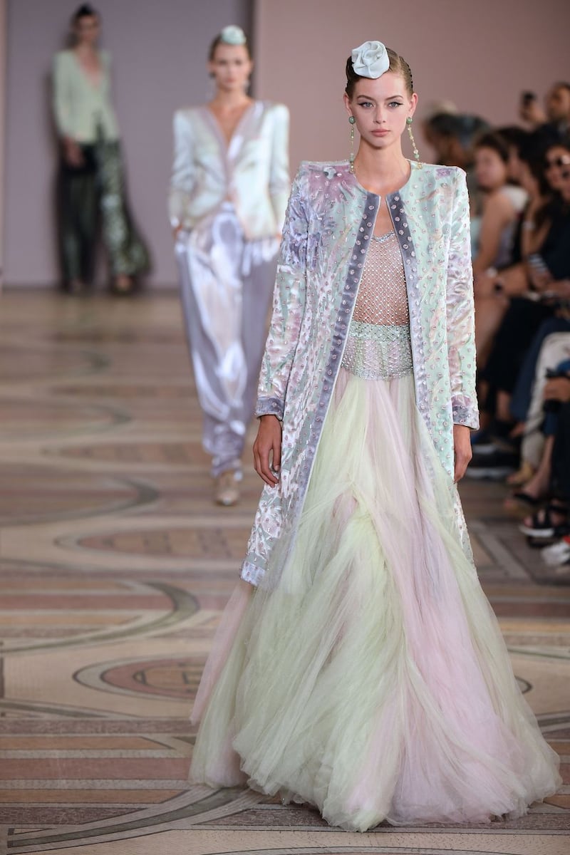 Paris Fashion Week: a Giorgio Armani design. Photograph: Christophe Archambault/AFP/Getty