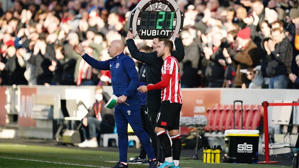 Christian Eriksen comes on to make his Brentford debut and his return to football. Photograph: PA