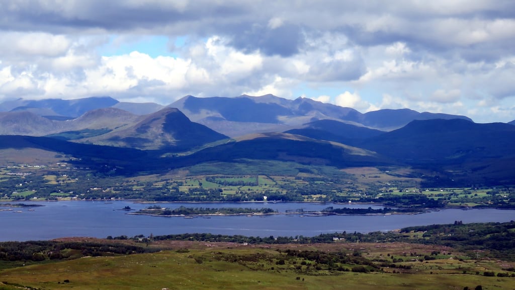 View from Derrysallagh: The combination of evening light and cloud-shaded slopes gives a rather exotic prospect to the mountains of Iveragh.