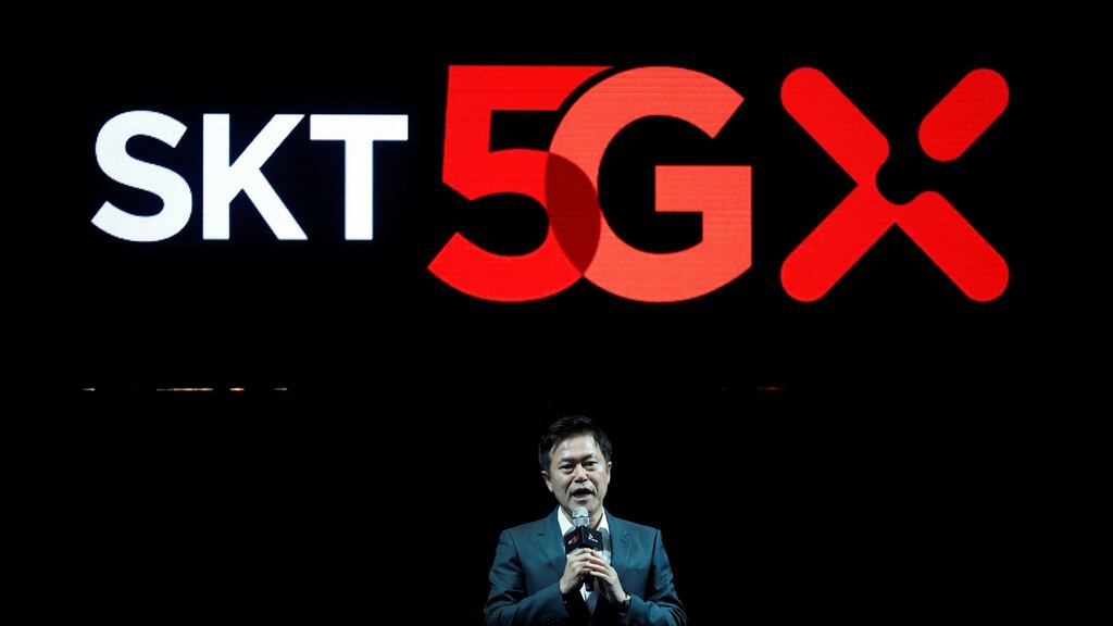 Park Jung-ho, CEO of SK Telecom, attends a launching ceremony for its 5G service, in Seoul, South Korea. Photograph: Kim Hong-Ji/Reuters