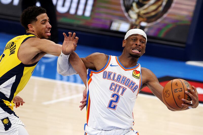 Shai Gilgeous-Alexander of the Oklahoma City Thunder drives to the basket against Tyrese Haliburton of the Indiana Pacers during Game One of the 2025 NBA Finals. Photograph: William Purnell/Getty