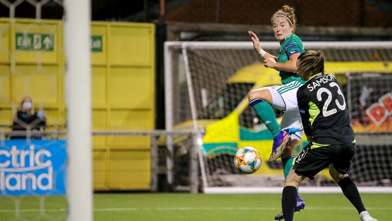 Marissa Callaghan scores Northern Ireland’s first goal during the  Women’s Euro 2022 playoff, second leg against Ukraine at  Seaview Stadium in  Belfast. Photograph: Philip Magowan/Inpho/Presseye