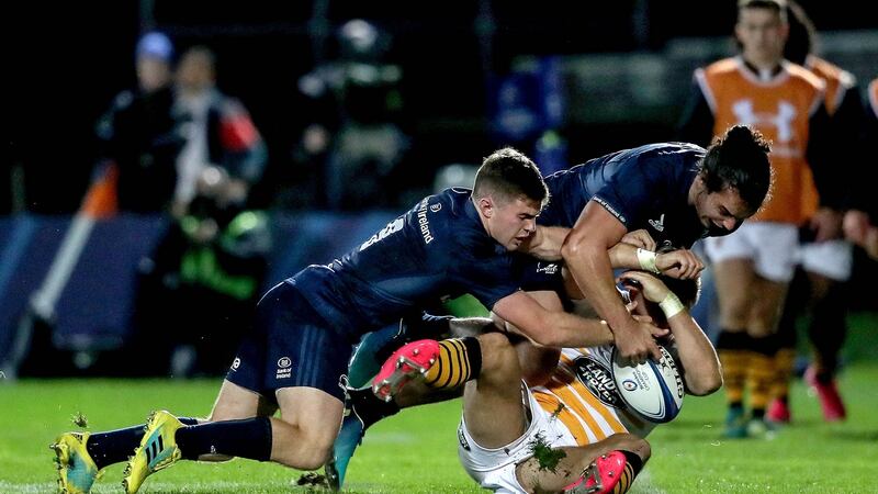 Leinster’s Luke McGrath and James Lowe tackle Josh Bassett of Wasps during the Heineken Champions Cup match at the RDS. Photograph: Dan Sheridan/Inpho