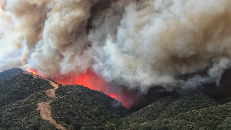 A handout photo made available by the Santa Barbara County Fire Department shows flames churn towards a large fire break near homes along Gibraltar Road north of Santa Barbara California. Photograph: EPA