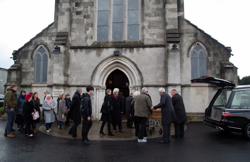 Emmet Bergin's casket is brought into the Victorian Chapel at Mount Jerome for his funeral service on Tuesday. Photograph: Colin Keegan/Collins