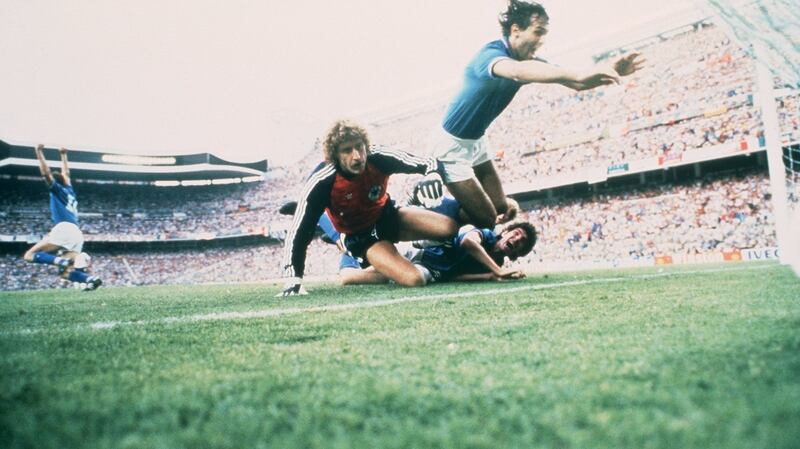 Paolo Rossi scores the opening goal of the 1982 World Cup final. Photograph: Steve Powell/Allsport
