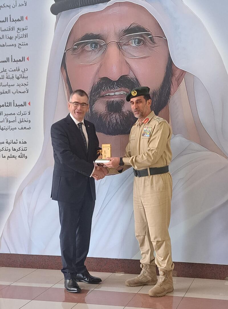 Drew Harris, Commissioner of An Garda Siochána, meets His Excellency Lt General Abdullah Khalifa Al Marri, Commander in Chief of Dubai Police. Photograph: Garda Siochána