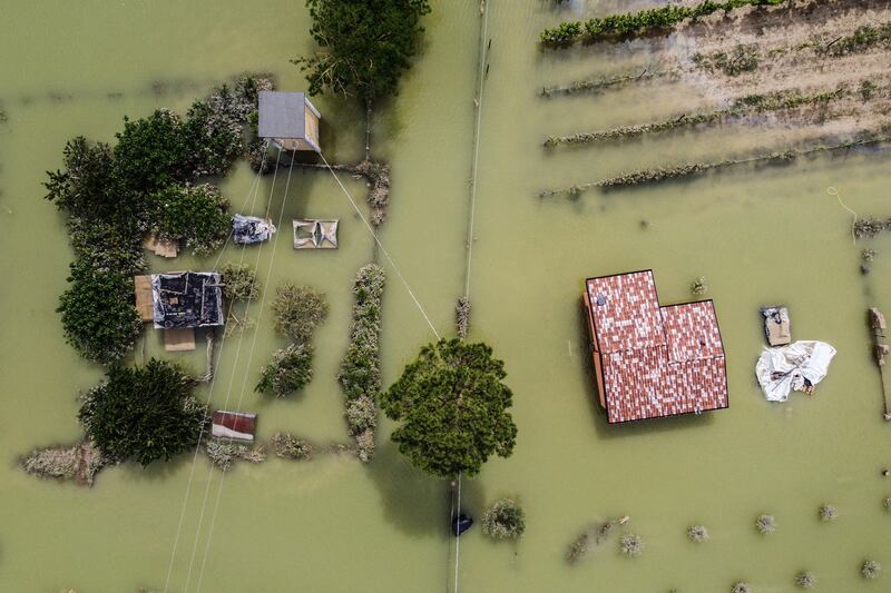 An aerial view of flooded streets in the town of Cesena, after heavy rains caused flooding across Italy's northern Emilia Romagna region. Photograph: Alessandro Serrano/AFP