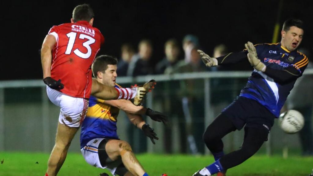 Cork’s Niall Coakley scores a goal past Tipperary goalkeeper Ciarán Kenrick during the McGrath Cup round two game at Templetuohy in Tipperary. Photograph: James Crombie/Inpho