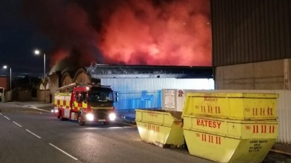 The scene of the fire at Duncrue Pass, Belfast. Photograph: Northern Ireland Fire and Rescue Service