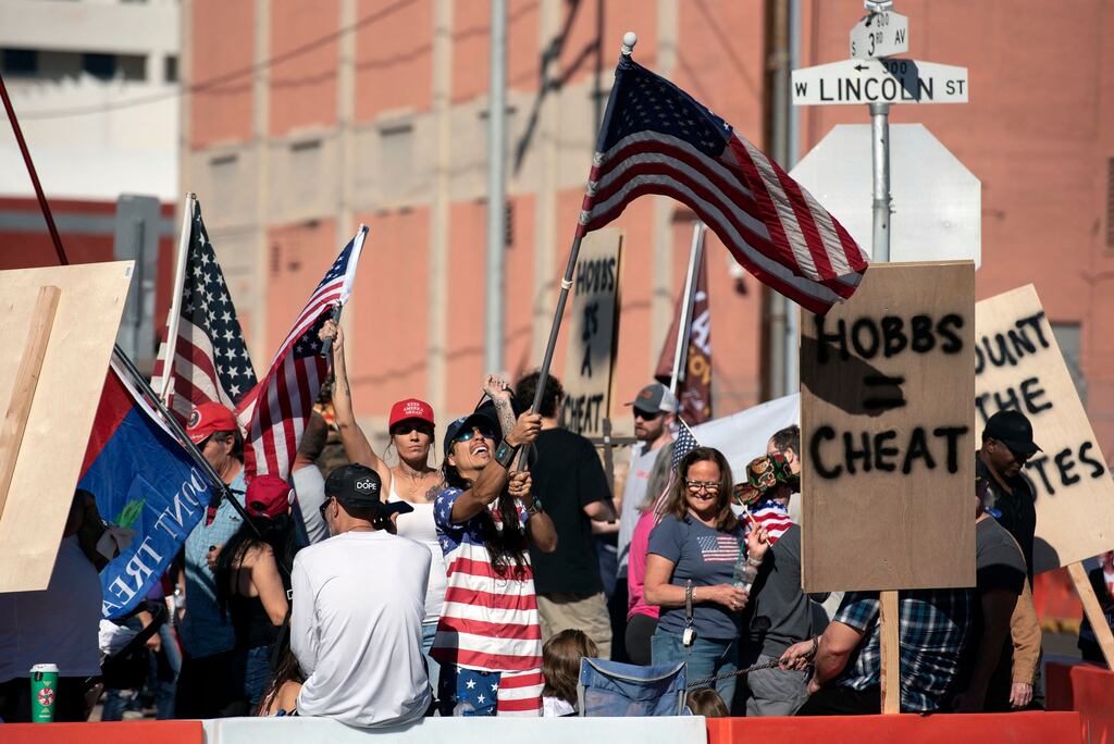Demonstrators gather at a rally to protest midterm election results outside Maricopa County Tabulation and Election Center in Phoenix, Arizona, on Saturday. Photograph: Rebecca Noble/AFP/Getty