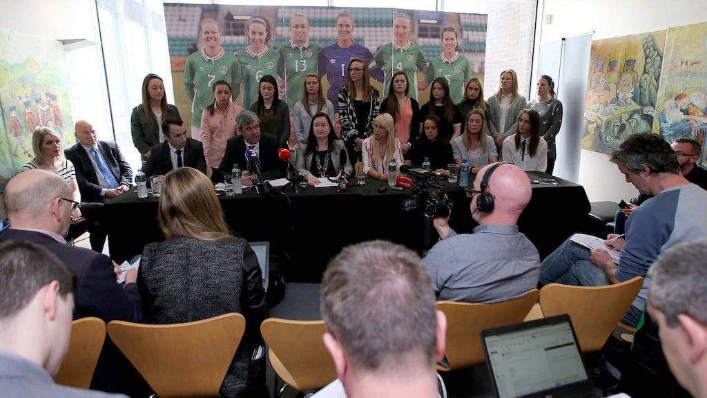 Members of the Republic of Ireland women’s team hold a press conference at Liberty Hall in Dublin. Photograph: Donall Farmer/Inpho