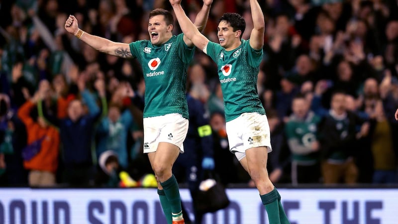 Jacob Stockdale and Joey Carbery celebrate at the final whistle after Ireland beat the All Blacks in November. Photo: Bryan Keane/Inpho