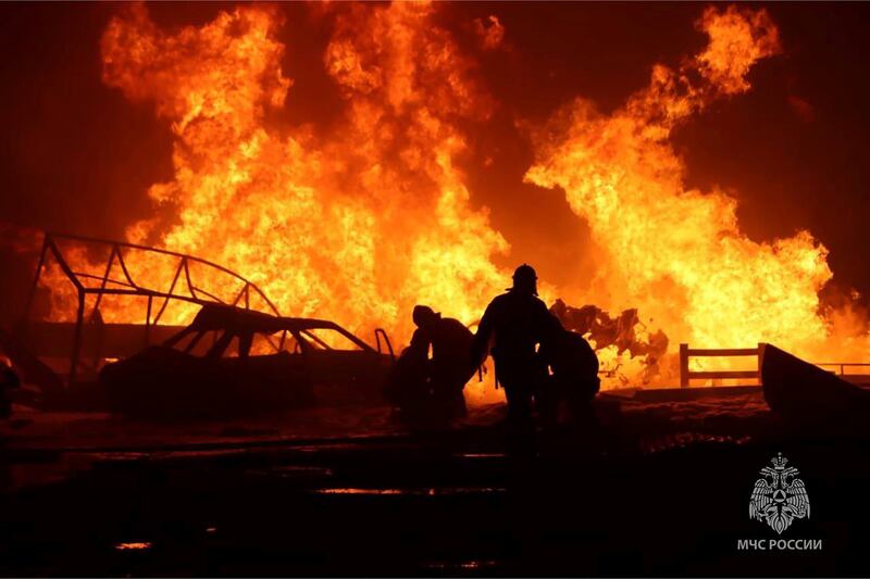 The blaze caused an explosion at a petrol station near Makhachkala, the capital of Dagestan. Photograph: Ministry of Emergency Situations press service via AP