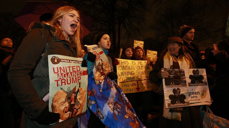Protesters against Donald Trump’s attempted travel ban on citizens of seven mainly-Muslim states outside the US embassy in Dublin on February 2nd. Photograph: Nick Bradshaw
