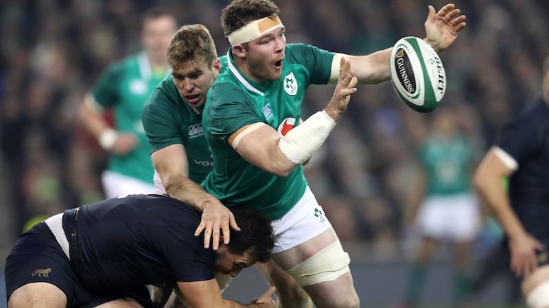 Peter O’Mahony is tackled during Ireland’s win over Argentina. Photograph: Billy Stickland/Inpho