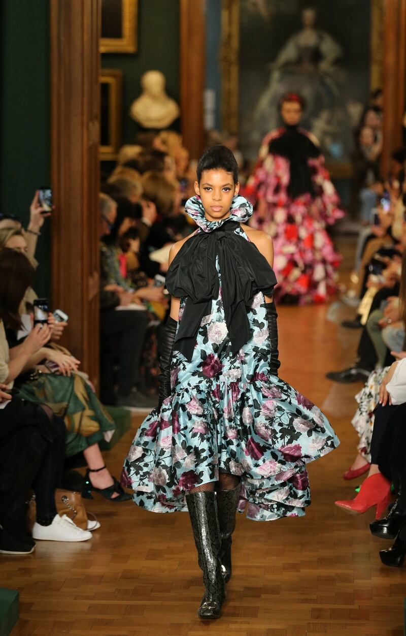 Models on the catwalk during the Erdem Autumn/Winter 2019 London Fashion Week show at The National Portrait Gallery, London. Photograph: Isabel Infantes/PA