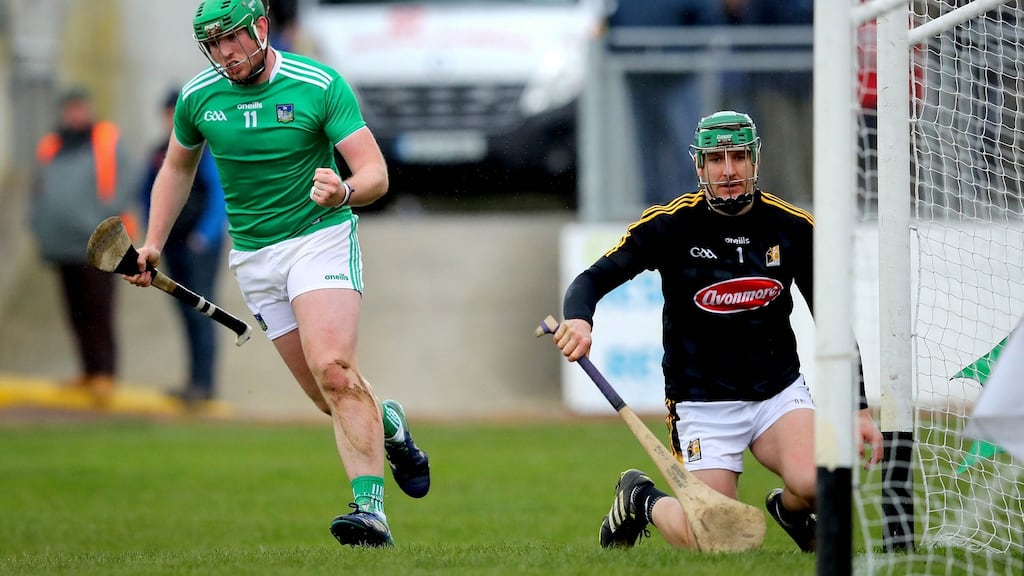 Limerick’s Shane Dowling celebrates scoring the first goal of the game. Photograph: Ryan Byrne/Inpho