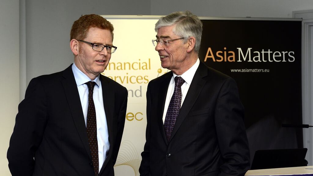 Gerry Cross of the Central Bank of Ireland with Alan Dukes at a roundtable discussion on Brexit earlier this year. Photograph: Cyril Byrne