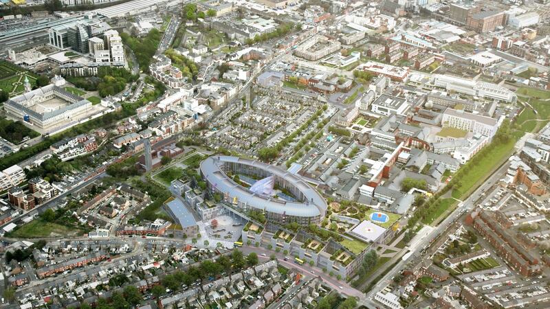 An aerial view of the planned children’s hospital at St James’s Hospital in Dublin