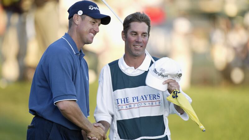 New Zealand’s Craig Perks celebrates his win at The Players Championship at Sawgrass in 2002 with caddie  Carl Paulson. Photograph: Jamie Squire/Getty Images