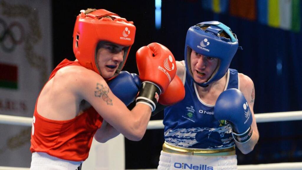 Paddy Barnes (right) exchanges punches with John Williams of Wales, during their 49kg Light Flyweight bout Photograph: Paul Mohan/Sportsfile